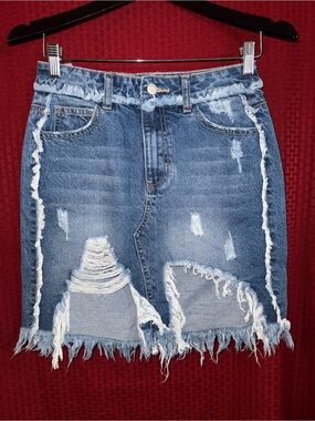 Frayed Light Blue Distressed Denim Mini Skirt